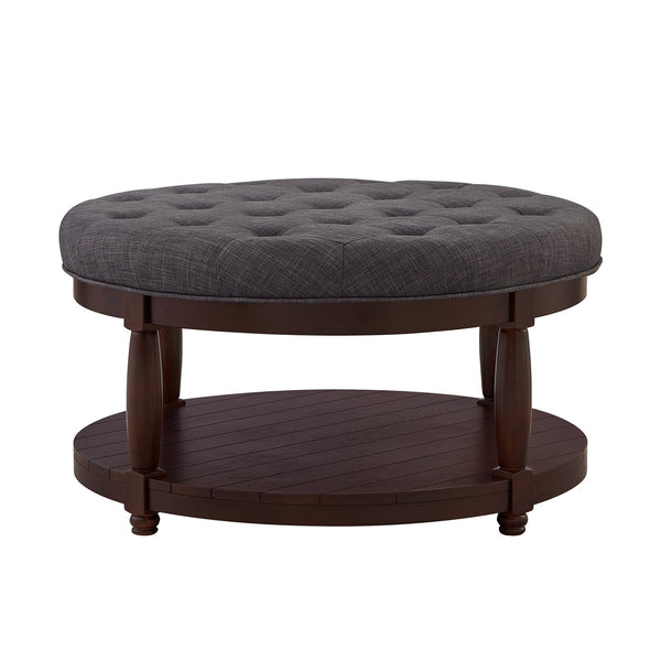English Elm Large Round Tufted Ottoman Coffee Table with Wood Shelf for Living Room Lounge Dark Gray W2186P212196