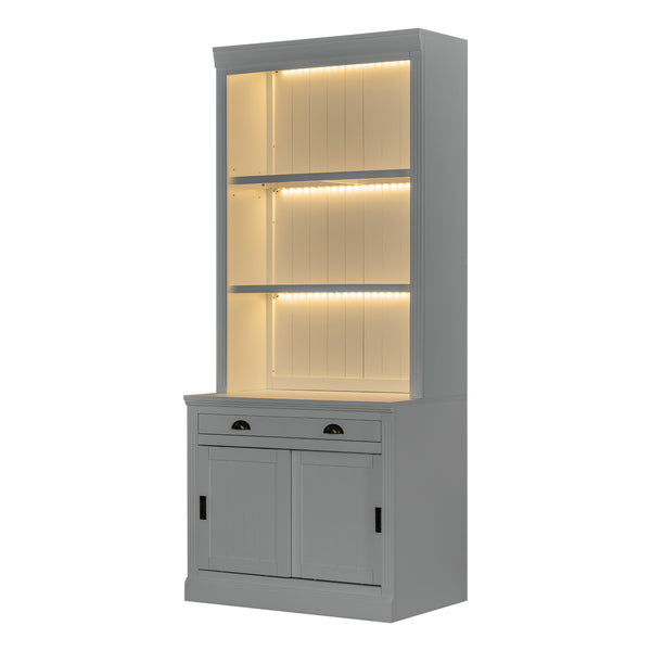 English Elm 83.4"tall Two-piece Bookcase Suite with Led Shelves Tempered Glass Doors Matte Black N751S059621K