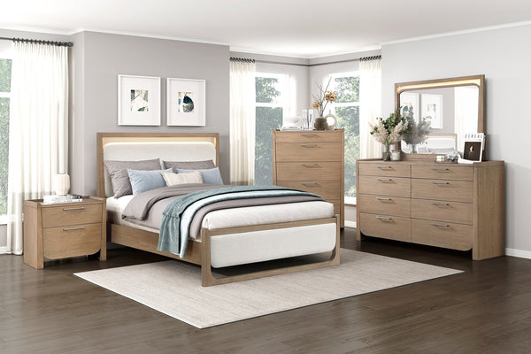 English Elm 1pc Modern Upholstered Queen Bed with Hickory Veneer, Touch LED Headboard, Plush Contemporary Design Light Brown 67.5 L x 39.5 W x 5.5 H B011S01821