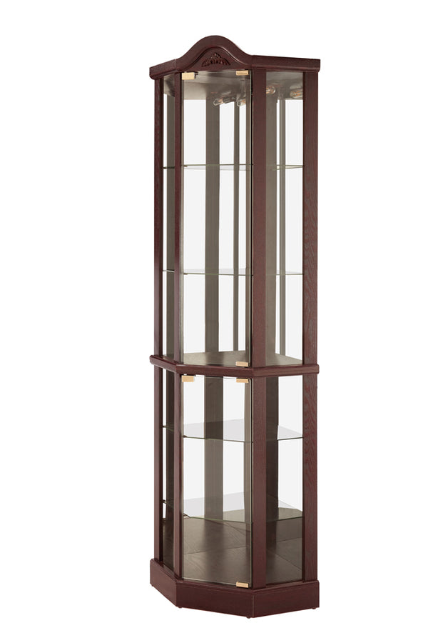 English Elm Glass Corner Curio Cabinet Lighted Dark Wood Display with Carved Crown Floral Detail Cherry W2275P292645