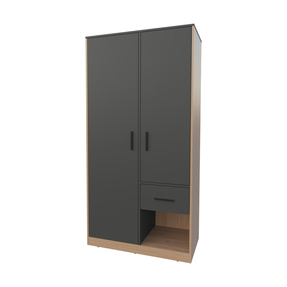 English Elm Lugoff Matt Grey & Natural Oak Wardrobe with 2 Doors, Drawer, Shelves & Hanging Space for Bedrooms B128S00175
