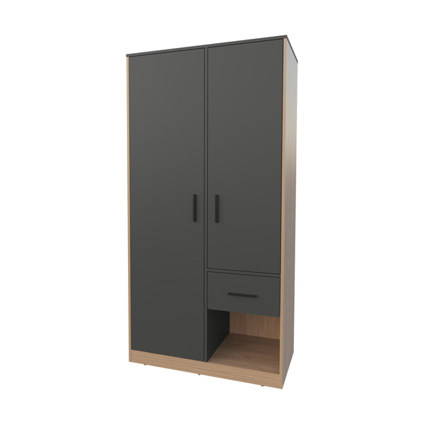 English Elm Lugoff Matt Grey & Natural Oak Wardrobe with 2 Doors, Drawer, Shelves & Hanging Space for Bedrooms B128S00175