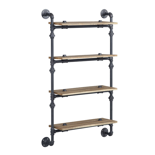 English Elm Brantley Industrial Wall Rack Four Open Shelves Oak Veneer and Sandy Black Metal Frame B2726P446701
