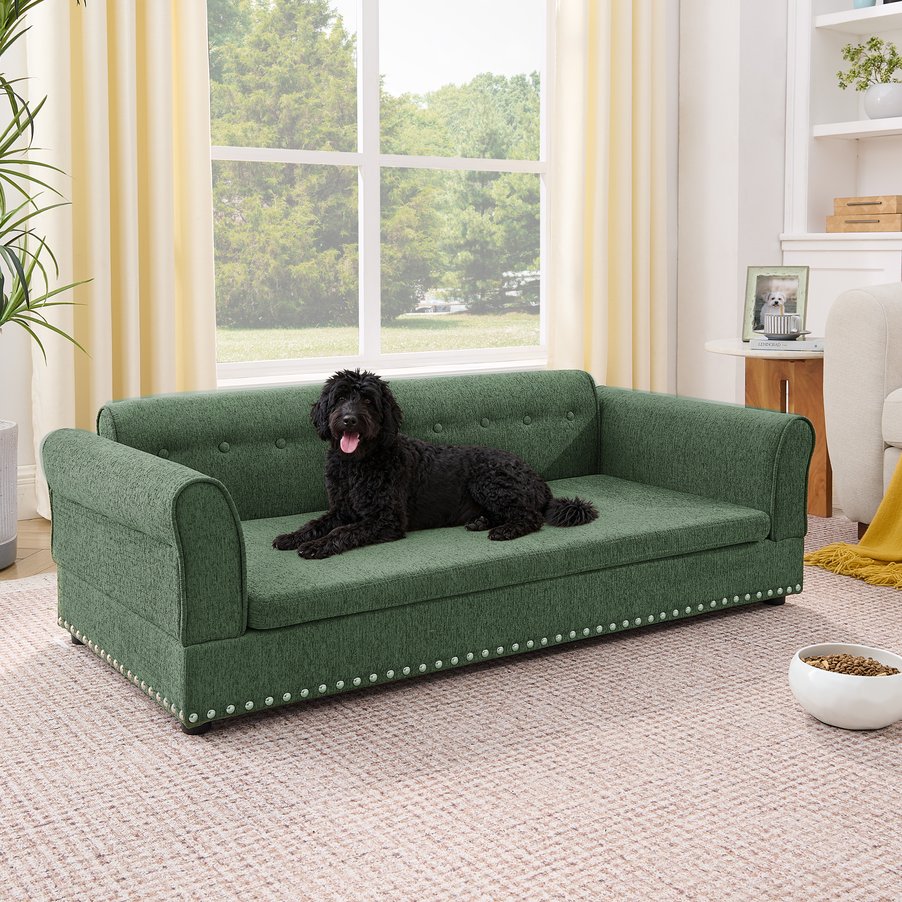 English Elm Oversized Linen Pet Sofa with Backrest Armrests Rubberwood Frame for Large Dogs W487P430326