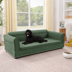 English Elm Oversized Linen Pet Sofa with Backrest Armrests Rubberwood Frame for Large Dogs W487P430326
