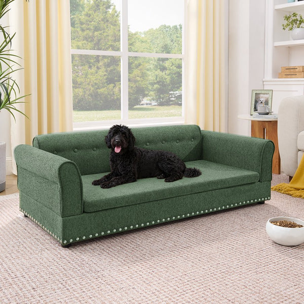 English Elm Oversized Linen Pet Sofa with Backrest Armrests Rubberwood Frame for Large Dogs W487P430326