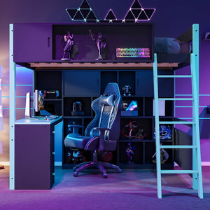 English Elm Full Size Gaming Loft Bed with Led Lighting Desk Drawers and Display Shelving Blue LT000263AAC