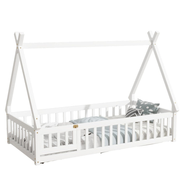 English Elm Twin Teepee Floor Bed With Guardrails - Whimsical White Design For Cozy Child'S Room Decor W504P345781-GIGA