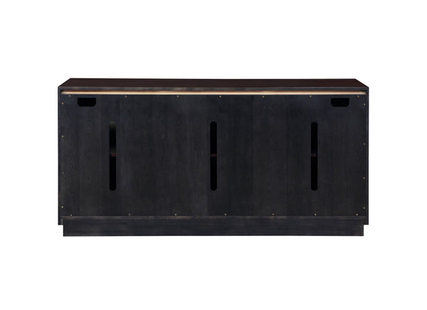 English Elm Geranio Metallic Silver & Walnut Console Cabinet with Geometric Pattern, Touch-Open Doors, 70lb Top B2726P285784