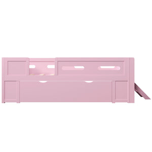 English Elm Wood Twin Platform Bed for Kids with Fence Guardrail and Under Storage Drawer Pink N709P385777H