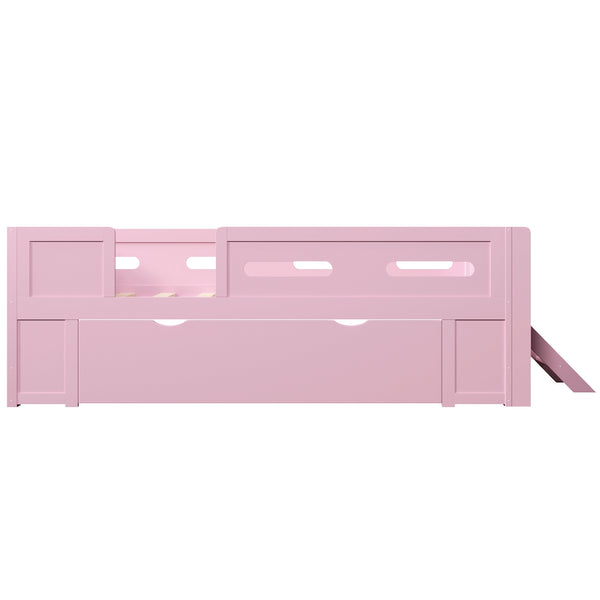 English Elm Wood Twin Platform Bed for Kids with Fence Guardrail and Under Storage Drawer Pink N709P385777H