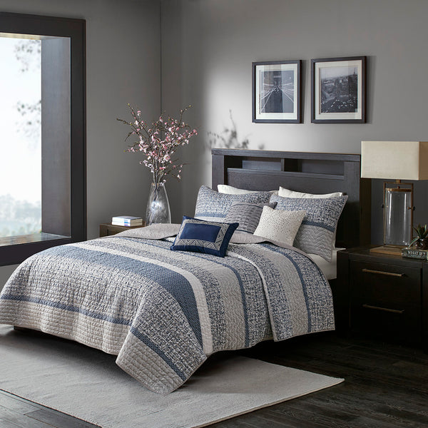 JLA Home Madison Park - 6 Reversible Jacquard Quilt Set with Navy & Grey Motifs, 6-Piece Bedding with Decorative Pillows 94 L x 104 W x 0.25H MP13-7424