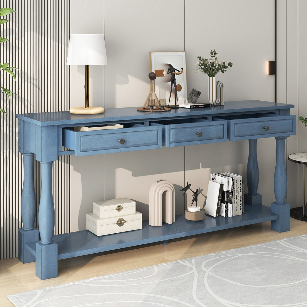 English Elm Trexm Distressed Entryway Console Table Three Drawers Open Shelf Mediterranean Wood Navy N715P372052M