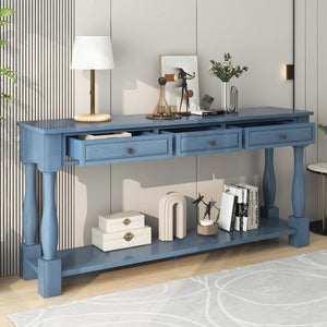 English Elm Trexm Distressed Entryway Console Table Three Drawers Open Shelf Mediterranean Wood Navy N715P372052M