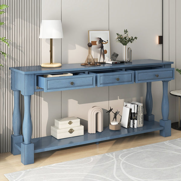English Elm Trexm Distressed Entryway Console Table Three Drawers Open Shelf Mediterranean Wood Navy N715P372052M