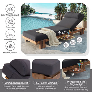 English Elm U_style Acacia Wood Outdoor Chaise Lounge with Retractable Tray and Padded Headrest Dark Gray WY000473AAE
