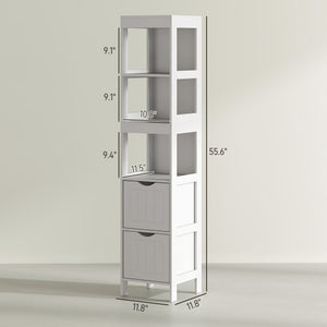 English Elm Bathroom Slim Floor Cabinet Tall White Beadboard Storage for Narrow Spaces T3971P430695