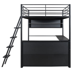 English Elm Full Metal Loft Bed with LED Desk & 4 Shelves, Black – Sturdy Full Frame, Color-Changing Lights, Compact GX000653AAB
