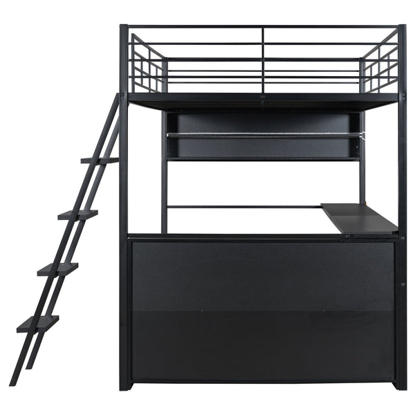 English Elm Full Metal Loft Bed with LED Desk & 4 Shelves, Black – Sturdy Full Frame, Color-Changing Lights, Compact GX000653AAB