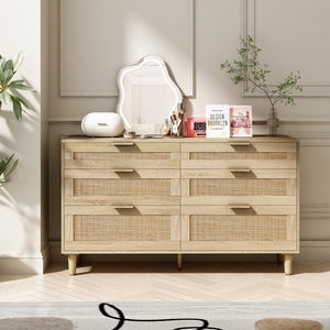 English Elm 51" Rattan Dresser with Six Drawers, Stylish Woven Storage Chest with Metal Handles and Wood Legs for Bedroom Hallway Living Room Natural W757P209506