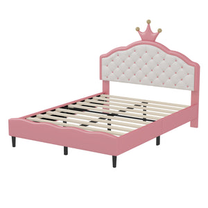 English Elm Full Full Size Lovely Crown Fantasy PU Leather Princess Bed with Tufted Headboard, Pink Cream, Sturdy Frame N733P198762H