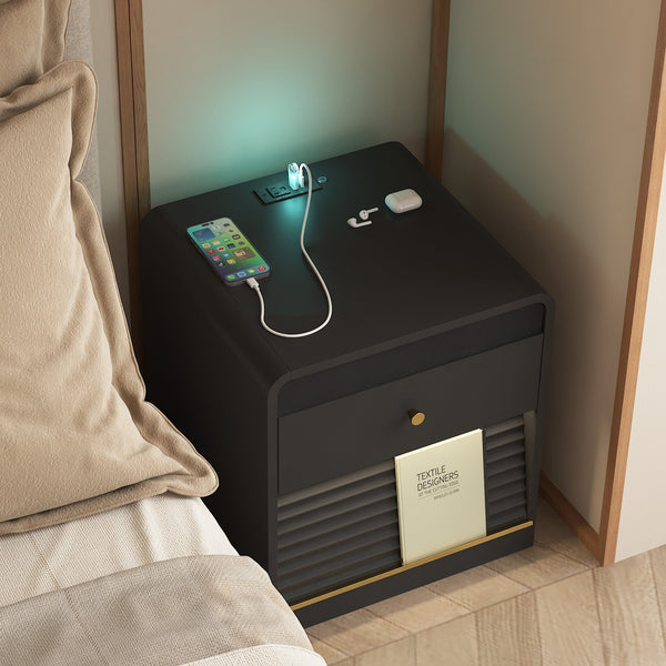 English Elm Nightstand Smart Bedside Cabinet with Led Strip Charging Station and Voice Night Light Black W1321P413943