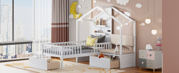 English Elm Twin House Bed Frame with Sofa Seating Led Lighting Drawers and Wireless Charging LP000521AAK-1