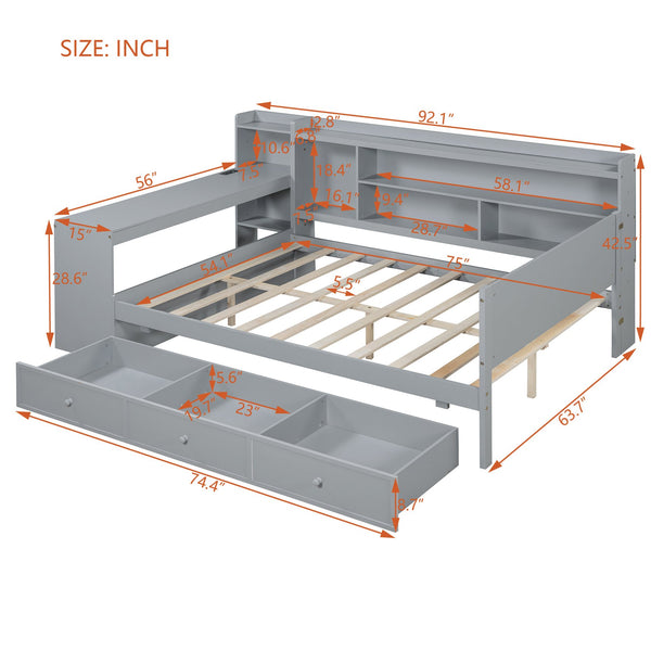 English Elm Full Size Wooden Daybed With 3 Storage Drawers, Built-In Desk & Usb Ports – Gray, Space-Saving Design N820S00018E
