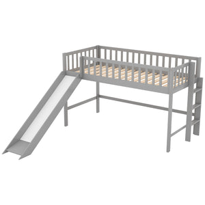 English Elm Twin Low Loft Bed with Slide and Ladder — Space-Saving Pine & MDF Frame, Quiet Durable Design Gray WF286078AAE