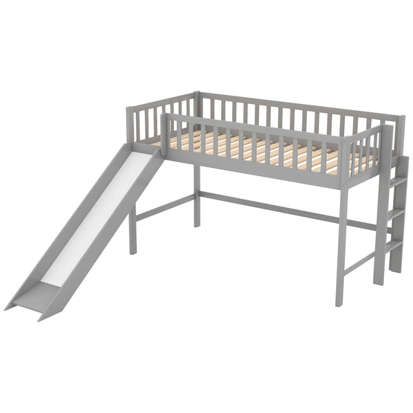 English Elm Twin Low Loft Bed with Slide and Ladder — Space-Saving Pine & MDF Frame, Quiet Durable Design Gray WF286078AAE