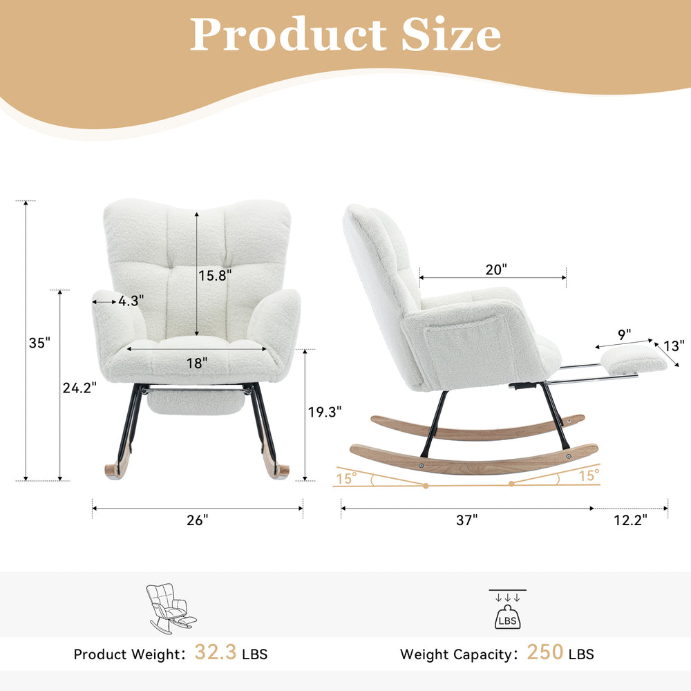 English Elm 067-teddy Fabric High Back Nursery Rocking Chair with Adjustable Footrest and Storage Pocket Ivory W527P420892