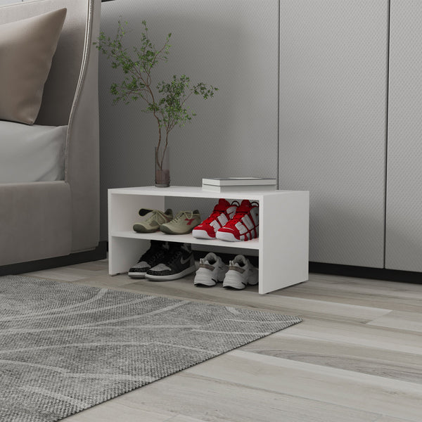 English Elm Shoe Compact 2-Shelf Freestanding Organizer with Scratch-Resistant Melamine Surface for Bedroom Storage White 28.75 L x 15.36 W x 3.15 H B128P375279