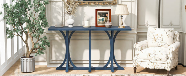 English Elm U-style Farmhouse Console Table Oak Veneer Top Curved Rubberwood Legs Entryway Navy Blue N711P295300V