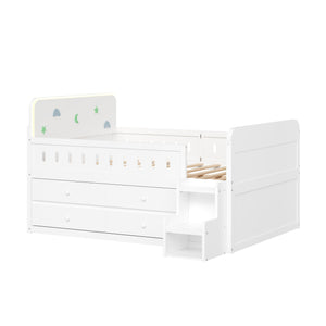 English Elm Wooden Full Bed Frame with Led Headboard Four Storage Drawers and Ladder Shelf White N7090004028K