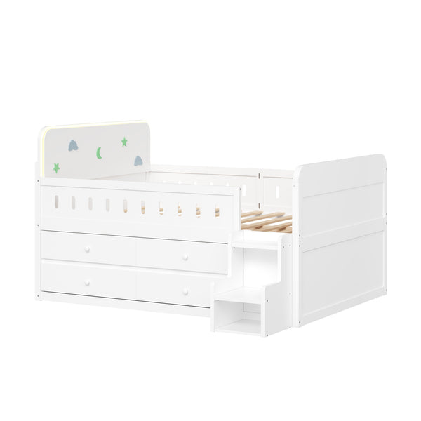 English Elm Wooden Full Bed Frame with Led Headboard Four Storage Drawers and Ladder Shelf White N7090004028K