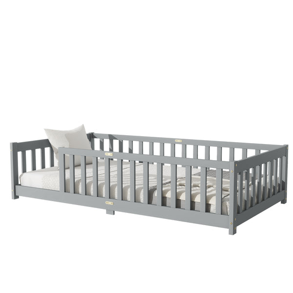 English Elm Twin Low Profile Rubberwood Floor Bed with Full Safety Fence for Toddler Rooms Grey W504P429333