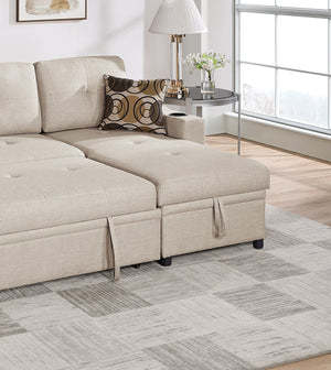 English Elm Beige Convertible Sectional Sofa with Pull-Out Bed, Reversible Storage Chaise & Dual Cupholders B011S01022