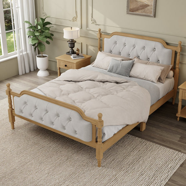 English Elm Traditional Solid Wood Bed Frame with Tufted Upholstered Headboard, No Box Spring Needed, Sturdy 400 lb Capacity Walnut 57.5 L x 22.5 W x 10.5 H N701P242546N