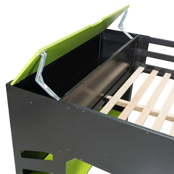 English Elm Full Size Loft Bed with Rgb Lighting Desk Drawers Hanging Rod Teen Bedroom Green LT000288AAF-1
