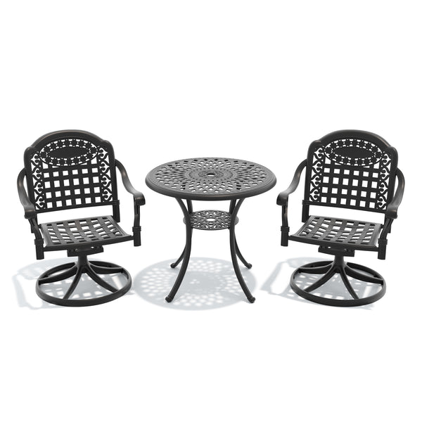 English Elm 3-piece Cast Aluminum Outdoor Bistro Set with Swivel Chairs and Umbrella Ready Table W1710S00331