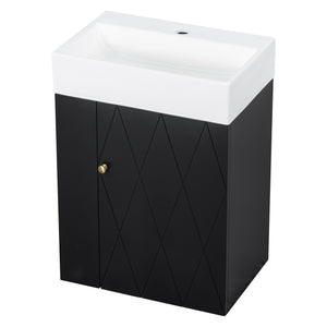 English Elm 20 Modern Wall-Mounted Bathroom Vanity with Ceramic Sink, Diamond Door, Gold Handles & Shelves — Compact Black N725P314033B