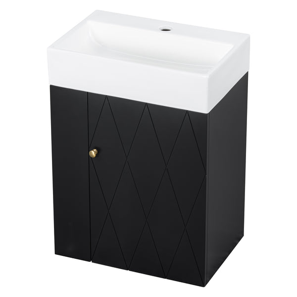 English Elm 20 Modern Wall-Mounted Bathroom Vanity with Ceramic Sink, Diamond Door, Gold Handles & Shelves — Compact Black N725P314033B