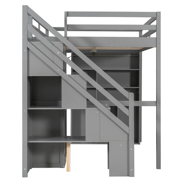English Elm Full Loft Bed with Integrated Wardrobe Desk Shelving and Led Lighting for Teen Rooms Grey LT000927AAE