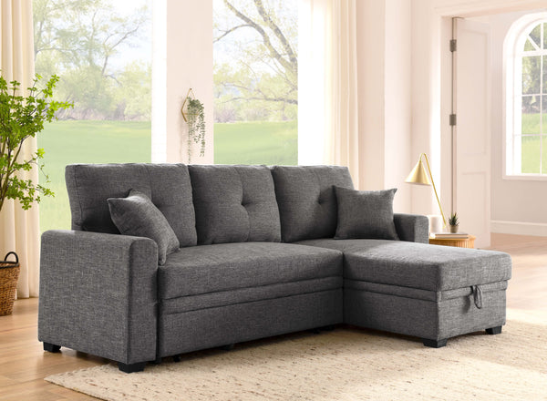 English Elm Upholstered Sleeper Sofa with Chaise & Under-Seat Storage, Reversible L/R, Modern Compact Design Gray B355S00004