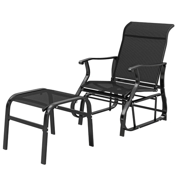 English Elm Comfortable High Back Outdoor Glider Chair and Ottoman Set with Breathable Mesh Steel Frame Black T3971P459482