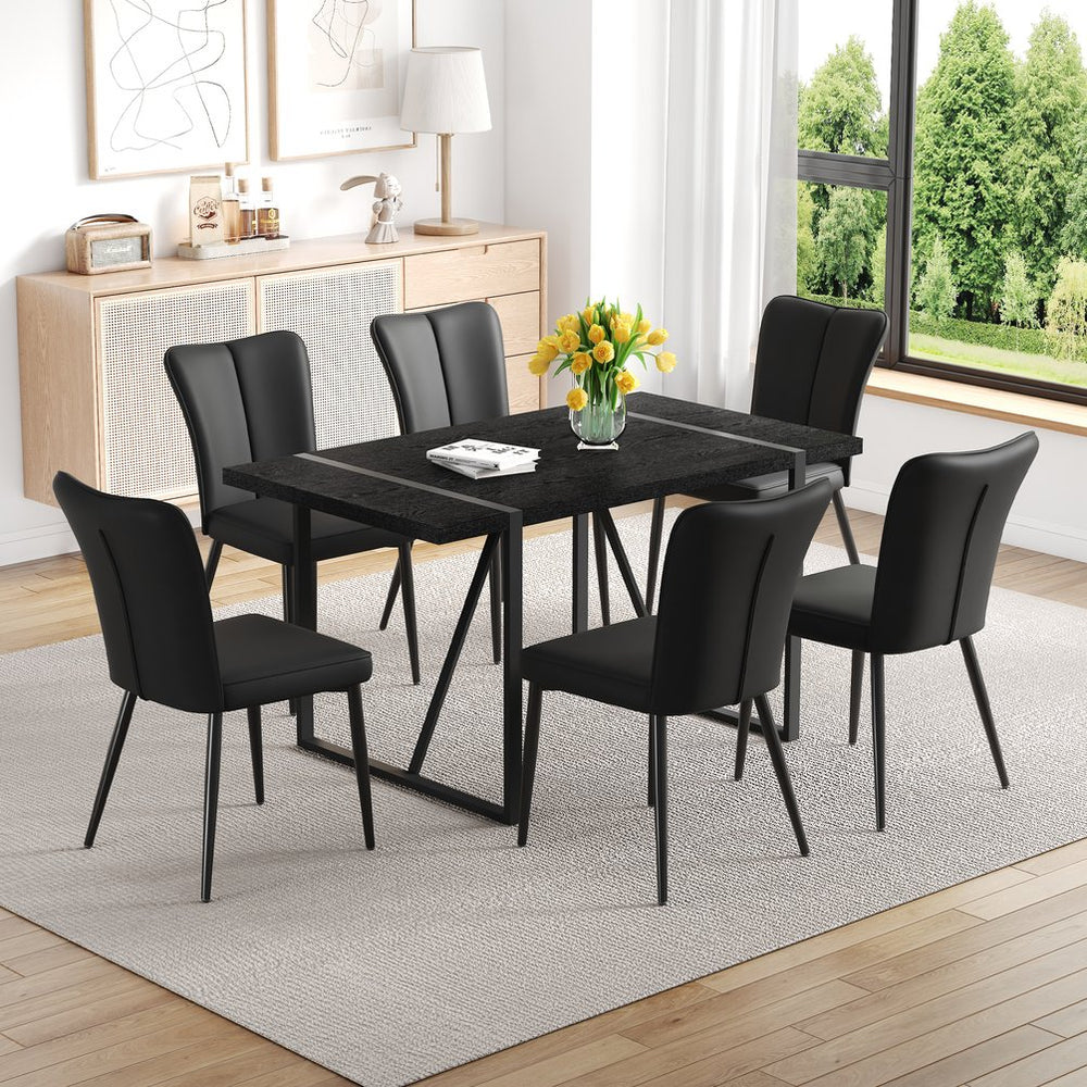 English Elm Black Faux Grain Mdf Rectangular Dining Set with Six Striped Pu Upholstered Chairs W1151S04377