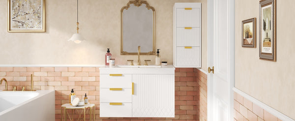 English Elm 30" Bathroom Vanity with Sink — Wall-Mounted Ceramic Basin, Soft-Close Storage, Floating Modern Design White N710S324096K