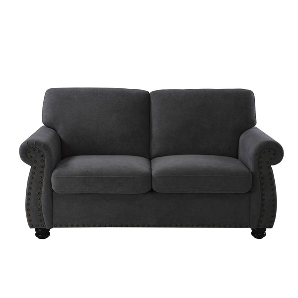 English Elm Soft Velvet Upholstered Loveseat with Turned Wood Legs Nailhead Trim Mid-century Style Black B2735P292309