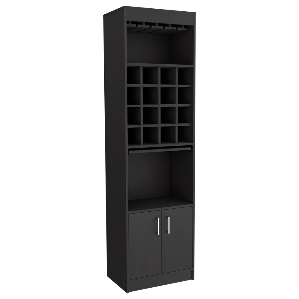 English Elm Kava Solid-Style Bar Cabinet with 16 Wine Slots, Glass Rack, Two Doors & Shelves in Black Finish B097S00177