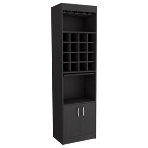 English Elm Kava Solid-Style Bar Cabinet with 16 Wine Slots, Glass Rack, Two Doors & Shelves in Black Finish B097S00177